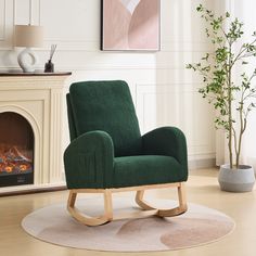 a green chair sitting in front of a fire place next to a potted plant