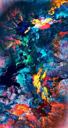 an abstract painting with multicolored paint on the bottom and bottom half of it