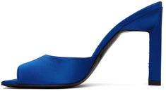 Satin heeled sandals in blue. · Open square toe · Logo printed at padded footbed · Leather sole with rubber injection at heel · Heel: H4 in Supplier color: Blue Cobalt Blue Heels, Blue Satin Heels, The Attico, Satin Heels, Blue Heels, Slides Sandals, Suede Sandals, Blue Satin, Heeled Sandals