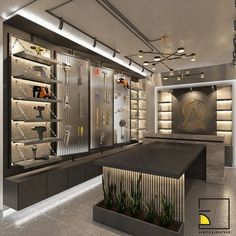 the interior of a jewelry store with glass shelves and plants in planters on display