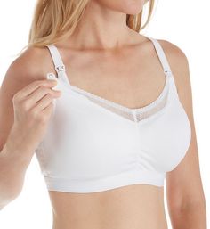 Comfortable, convenient, and cute nursing bra that's designed to breathe and stretch for easy-going, reliable wear. Especially designed for breastfeeding. Made of polyester and spandex. Wireless contour/t-shirt cup is lightly padded, with a stretch microfiber overlay for a smooth look that moves freely against fabric. Microfiber inner support sling lifts and positions breast forward in cup and stays in place when cup is down. Deeper cup shape for better fit. Sewn-on stretch lace along top of V-n Stretch Nursing-friendly Bra, Supportive Full Coverage Nursing Bra, Seamless Full Coverage Nursing Bra, Full Coverage Nursing Bra With Removable Pads, Supportive Seamless White Nursing Bra, White Stretch Nursing Bra With Removable Pads, White Full Coverage Nursing Bra With Light Support, White Stretch Nursing Bra With Built-in Bra, Supportive White Nursing Bra With Removable Pads