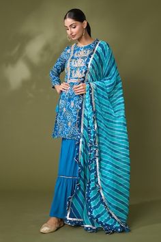 Blue straight kurta with bandhej print and gota embroidery. Paired with a sharara and embroidered dupatta. - Aza Fashions Blue Bandhani Print Chanderi Salwar Kameez, Blue Bandhani Chanderi Salwar Kameez, Blue Bandhani Print Salwar Kameez For Navratri, Blue Bandhani Print Chanderi Sharara, Blue Chanderi Palazzo Set With Bandhani Print, Blue Bandhani Print Palazzo Set For Eid, Traditional Blue Bandhani Print Palazzo Set, Blue Bandhani Print Anarkali Palazzo Set, Anarkali Style Blue Palazzo Set With Bandhani Print