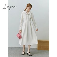 Ingvn - Elegant Women Dress Vintage Long Sleeve Black Y2K New Korean Fashion Casual Office Ladies White Solid Color Dress For Winter, White Solid Color Midi Dress For Daywear, White Solid Color Dress For Fall, Plain White Dresses For Daywear, White Long Sleeve Solid Color Midi Dress, White Long Sleeve Plain Dress, White Collared Midi Dress For Office, White Midi Dress For Summer Office, White Midi Dress For Office In Summer