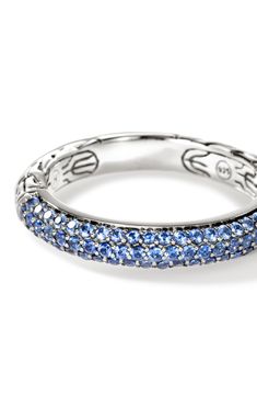 This handcrafted ring gleams at your finger with its intricately etched band and pavé blue sapphire stones. Sterling silver/blue sapphire Imported Sapphire Stones, Pave Band, John Hardy, Handcrafted Rings, Sapphire Stone, Silver Blue, Band Ring, Blue Sapphire, Band Rings