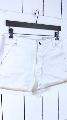 "Vintage off white cotton denim shorts/high waisted shorts/Riveted by Lee shorts/10 M Measurements...taken flat -across waist: 15\" -length: 15\" -across hip: 18\" -rise: 12\" -marked size: 10 M Features... -off white stretch denim -stretchy cotton/spandex blend -button/zipper closure -high waist -pockets -Riveted by Lee Condition... -excellent vintage condition -minimal wear TO3145" White Cotton Jean Shorts For Summer, White Jean Shorts With Pockets For Summer, White Cotton Summer Jean Shorts, Summer White Cotton Jean Shorts, Summer White Jean Shorts, White Cotton Cutoff Shorts, White High Waist Cotton Shorts, White Summer Jean Shorts With Pockets, Plaid Pencil Skirt