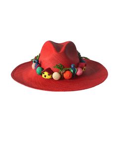 Red Pajarito Hat by Pájara Pinta This product is available for pre-order. Take into account that after payment it will take four weeks for delivery. (We'll make it shorter whenever is possible). Pajarito Hat by Pájara Pinta was designed and developed in partnership with female artisans in Nariño, Colombia. Every little ornament of it -the palm trees, the houses, and the birds- was handwoven with love to convey a powerful message: the importance of nature, family, and freedom. Wear this very uni Importance Of Nature, Nature Family, Embroidered Monogram, Women Artisans, Handmade Bags, Floppy Hat, Summer Fun, Palm Trees, Cowboy Hats