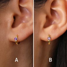 [ OPTIONS ]  SINGLE: 1x single earring only PAIRS: 2x earrings (select this option if you are looking for an earring for both ears!) [ EARRING MEASUREMENTS ]  STYLE A Inner Hoop Diameter: 8mm Stone Size: 4mm STYLE B Inner Hoop Diameter: 9mm Stone Size: 3mm Post Gauge (Thickness):  18G (1.00mm) [ MATERIALS ]  Crafted with Solid .925 sterling silver  100% nickel-free  Gold: 18K gold plated  Silver: Rhodium Plated  Gemstone: AAA Grade Lab Simulated Diamond 🤍 Only HYPOALLERGENIC metals used 🤍 💌 Hola! Have any questions? Feel free to contact me  [ SHIPPING ]  🚚 All orders shipped out the next business day  🇺🇸 UNITED STATES: 2 - 4 business days via USPS  🇨🇦 CANADA: 2 - 12 business days via Canada Post  🌎 INTERNATIONAL: 5 - 15 business days Purple Small Hoop Earrings, Small Purple Hoop Earrings For Pierced Ears, Purple Small Hoop Earrings For Pierced Ears, Purple Amethyst Hoop Earrings For Gift, Adjustable Purple Hoop Earrings, Adjustable Purple Round Hoop Earrings, Adjustable Small Purple Hoop Earrings, Anniversary Birthstone Hoop Earrings, Purple Hoop Earrings For Pierced Ears