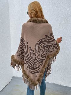 Pullover Tassel Shawl Sweater Cape Poncho Western Style Poncho Oversized Fringe Sweater For Winter, Long Sleeve Fringe Poncho, Winter Cape With Tassels, Oversized Fringe Cape For Fall, Oversized Fringe Cape For Winter, Beige Fringe Poncho For Fall, Winter Fringe Cape Outerwear, Beige Bohemian Winter Cape, Cozy Winter Poncho With Fringe