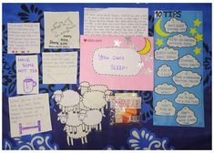 a bulletin board with sheep and other writing on it, including notes from the book you can't sleep