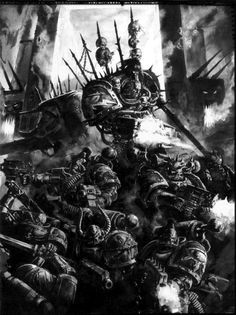 a black and white photo of some warhammers in front of a giant machine