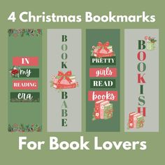 four christmas bookmarks with the words for books to read and presents in red, green,