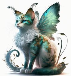 a cat that is sitting down with a butterfly on its back and wings around it's neck