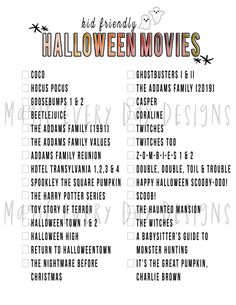 a halloween movie list with the words and numbers below it in black, orange, and white