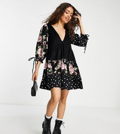 Petite dress by ASOS DESIGN All other dresses can go home V-neck Volume sleeves Tie details Regular fit Dress For Petite Women, Volume Sleeves, Babydoll Mini Dress, Petite Dress, Asos Petite, Mini Dress Shop, Petite Dresses, Mixing Prints, Dress Styles