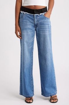 Denim day gets a dynamic revamp in these high-rise jeans fashioned with a contrasting waistband and frayed trim. 31 1/2" inseam; 22" leg opening; 12" front rise; 15 1/2" back rise (size 29) Zip fly with hook-and-bar closure Five-pocket style 70% cotton, 30% rayon Machine wash, Line dry Imported High Waist Wide Leg Jeans, Denim Day, Wide Jeans, High Rise Jeans, High Jeans, Wide Leg Jeans, Jeans Style, Jeans Pants, Bottoms Pants