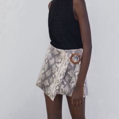 Zara Faux Snake Print Shorts/Wrap Skort -Front:Faux Wrap Style W/Tortoise Buckle -Left Side Zip -Faux Snake Print -Looks Like Shorts From Back -Size L -Gift Chic Fitted Wrap Bottoms, Chic Short Wrap Skirt For Day Out, Chic High Waist Wrap Skirt, Jean Skort, Zara Skort, Plaid Skort, White Skort, Denim Skort, Wrap Skort