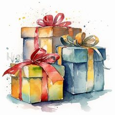 watercolor painting of two wrapped presents