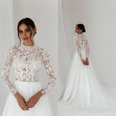 a woman in a white wedding dress standing next to a white backdrop with her hands on her hips