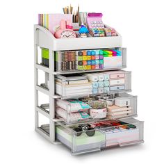 an office desk organizer with drawers and supplies on it's sides, in front of a white background