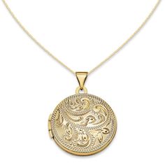 Classic and elegant, this darling locket pendant is a meaningful safe-keeper for special treasures. Fashioned in warm 14K gold, this round-shaped locket is topped with an intricate textured paisley pattern that catches the eye. The locket opens to reveal space for a pair of small photos or mementos. A look she'll love and appreciate, this locket is polished to a brilliant shine and suspends freely along an 18.0-inch rope chain that secures with a spring-ring clasp. Gold Locket Necklace, Rings Ideas, Turquoise Jewelry Native American, Crystal Fashion, Heart Locket Necklace, Spoon Jewelry, Gold Locket, I Love Jewelry, Locket Necklace