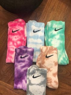 Please message color or color combo when ordering. Unfortunately NO REDS. No logos and different sock lengths are available with request. Options: Blue, royal blue, aqua blue, teal, pink, coral, orange, yellow, golden yellow, neon yellow, neon green, apple green, light green, dark green, purple, tan, grey, black sock (reversible tie dye), dark brown, light blue No returns or exchanges. Keep in mind no tie-dye will be the same and some colors may bleed into white of socks. Please contact me if yo Nike Socks Colorful, Colorful Nike Socks, Neon Socks, Nike Stuff, Nike Crew Socks, Nike Custom, Tie Dye Socks