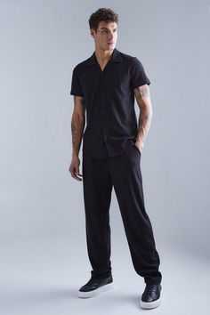 Smart Revere Open Texture Shirt And Trouser Set Casual Sleepwear With Pockets, Casual Sleepwear With Pockets For Lounging, Casual Sleepwear Trousers With Elastic Waistband, Casual Wide Leg Sleepwear, Casual Summer Sleepwear Trousers, Summer Shirt With Pockets For Loungewear, Casual Sleepwear With Relaxed Fit Long Pants, Cotton Short Sleeve Sleepwear For Leisure, Summer Loungewear Shirt With Pockets