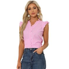 This shirt is made up of several design points: a gingham pattern, v-neck, ruffled trim, and cap ruffle sleeve. Classic gingham pattern, stylish and cute. V V-neck design makes this blouse more elegant. Cap ruffle sleeves add a bit of lovely charm to the blouse. Regular fit style, suitable for all occasions, for example, office, dating, vocations, and so on. You can pair this cute blouse with sandals or heels for a perfect look. Summer Gingham, Flowy Shirts, Vintage High Heels, Gingham Blouse, Belly Shirts, Pleated Tops, Stylish Skirts, Gingham Pattern, Ruffle Sleeve Blouse