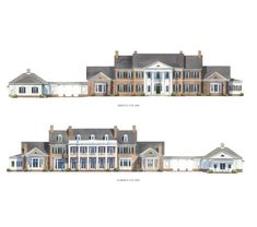 two views of the front and back of a large house with lots of windows on each side