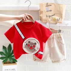 Cute Crew Neck Playwear Sets, Cute Summer Sets With Crew Neck, Cute Red Sets With Letter Print, Summer School Sets With Short Sleeves, Red Letter Print Crew Neck Set, Red Crew Neck Sets With Letter Print, Summer Playtime Crew Neck Sets, Summer Playtime Sets With Crew Neck, Red T-shirt For Summer Playwear