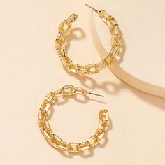 Gold chain hoop earrings Trendy Metal Earrings With Chain Details, Trendy Metal Chain Earrings, Gold Chain Metal Earrings For Party, Gold Chain Earrings For Parties, Party Earrings With Gold Chain Detail, Party Earrings With Gold Chain, Trendy Metal Dangle Hoop Earrings, Gold Dangle Hoop Earrings With Chain Detail, Gold Dangle Hoop Earrings With Chain