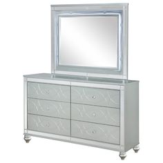 a white dresser with a mirror above it and drawers below the drawer, in front of a white background