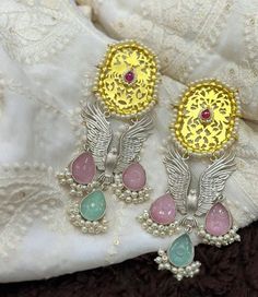 92.5|silver replica|brass|dual tone|contemporary earring with semi precious stones,kundan and pearls Contemporary Earrings, Wedding Jewelry Earrings, Semi Precious Stones, Wedding Earrings, Semiprecious Stones, Precious Stones, Semi Precious, Wedding Jewelry, Brass