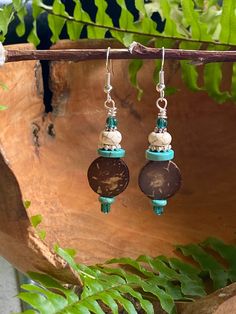 Fun Hooks, Rustic Earrings, Earrings Wood, Beaded Dangle Earrings, Handmade Copper, Earring Hooks, Earth Friendly, Bead Designs, Turquoise Earrings