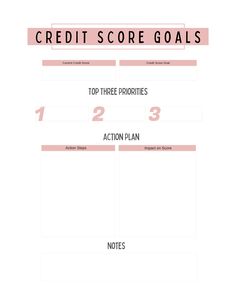 an image of a goal sheet with the words'credit score goals'in pink