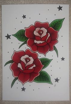 two red roses on white paper with stars in the background and one has green leaves