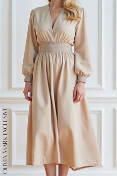 Olivia Mark - Elegant Beige Wrap Midi Dress with Elasticated Waist and Long Sleeves Wrap Midi Dress, Olivia Mark, Midi Dress, Long Sleeve