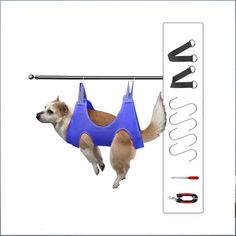 a dog is hanging upside down on a clothes line with tools attached to it and wearing a blue vest