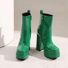 Introducing our newest arrivals ââ‚?the Green Platform Boots! A chic and stylish twist on the classic platform boot. these square-toe beauties are perfect for making a statement. The lush patent leather and chunky block heel add a touch of luxury. while the green hue is perfect for standing out from the crowd. Upper: Patent Leather Lining: Short Plush Outsole: Rubber Toe: Square Toe Closure: Zip Heel: 14cm/5.5'' Platform: 4cm/1.5'' Shaft: 13.5cm/5.3'' Circumference: 25cm/9.8'' Color: Green. Blac Chunky Platform High Heel Boots In Polyurethane, Spring Party Chunky Platform Heeled Boots, Spring Party Heeled Boots With Chunky Platform, High Heel Chunky Platform Boots In Polyurethane, Faux Leather Platform Boots With Block Heel, Trendy Spring Boots With Lug Sole, Faux Leather Mid-calf Boots With Platform Block Heel, Spring High Heel Faux Leather Platform Boots, Spring High Heel Platform Boots In Faux Leather