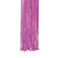 pink beads hanging from the side of a white wall