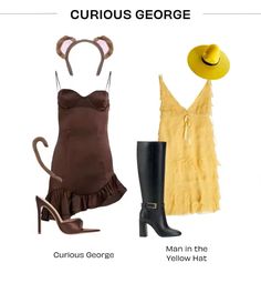 three different types of clothes and hats with the words curious george written on them in black