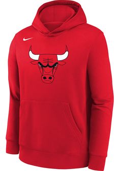 Those cold nights at the game won't keep your little Chicago fan from cheering on the team in Chicago Bulls Long Sleeve Hoodie! Give them this Chicago Bulls Youth Red Nike Fleece Pullover Essential Hooded Sweatshirt to keep warm in the stands. This Bulls Long Sleeve Hoodie features a screen print team graphic. Screen print center front graphic, 1X1 ribbed knit cuffs and waistband, Cotton/polyester club fleece fabric, Front pouch pocket, Long sleeve, Perfect for any young sports fan!, COTTON/POLY Chicago Bulls Hoodie, Nba Chicago Bulls, Nike Fleece, Red Nike, Kids Outerwear, Youth Hoodies, Red Logo, Nike Kids, Kids Nike