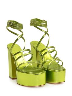 Green metallic platform sandal. Rectangular heel. Ankle strap. Braided on the front. Heel height: 13 Platform height: 5Gender: WOMENMaterial: OUTSIDE: 100% LEATHER LINING: 100% LEATHER SOLE: 100% LEATHERColor: GREENMade in: ITProduct ID: PX974XLTM3 ACID*Import tax/duty will be calculated at checkout (If applicable) Paris Texas Heels, Stylist Closet, Quinceanera Stuff, Fire Shoes, Green Platform, Heels Aesthetic, Texas Women, Rodeo Fashion, Green Heels