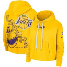 Show off your Los Angeles Lakers loyalty and devotion by grabbing this Courtside hoodie from Nike. The unique design and striking Los Angeles Lakers graphics give you an exclusive piece of gear for your wardrobe. While the cozy fleece lining keeps you extra warm, the front pouch pocket and adjustable hood add coverage when you need it most. Machine wash, tumble dry low Hooded Officially licensed Screen print graphics Imported Material: 80% Cotton/20% Polyester - Body; 100% Cotton - Hood lining M Lakers Courtside, Framed Jersey, Nike Gold, Cropped Pullover, Nike Sweatshirts, Los Angeles Lakers, Sweatshirts Women, Nike Women, Pullover Hoodie