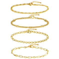 PRICES MAY VARY. ♥ Gold Bracelets for Women: 6.7/7 inch bracelet + 1.8-2 inch extension chain, these adjustable link chain bracelets suitable for women of all ages. Four different styles of gold bracelets can provide multiple choices for your varied clothing matching. ♥ Dainty Gold Plated Bracelets: A simple and exquisite bracelets set includes one piece of paperclip chain, one piece of square link chain, and two pieces of cuban link chains in flexible and considerate designs. Each bracelet can Gold Chain Bracelets, Delicate Gold Bracelet, Gold Bracelets Stacked, Dainty Gold Bracelet, Women Bracelets, Gold Bracelet Set, Ball Party, Bracelets Set, Metal Fashion