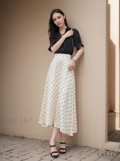 Lasaky - Elegant Retro Polka Dot Satin Midi Skirt with Graceful Draping, High Waist, and Flowing A-line Silhouette Polka Dot Long Skirt For Spring, Elegant Polka Dot Skirt For Spring, Spring Polka Dot Long Skirt, Elegant Polka Dot Skirt For Summer, Elegant Polka Dot Summer Skirt, Polka Dot Knee-length Skirt For Summer, Relaxed Knee-length Polka Dot Skirt, Relaxed Fit Polka Dot Skirt, Knee-length Polka Dot Flowy Skirt