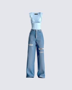 Even on the more casual days, you deserve to look your best 💙 Take on every day with a sense of style in this 2 piece set. Featuring a baby blue jersey cut-out top, and distressed jeans 👏🏼 Baby Blue Outfits For Women, Baby Blue Top Outfit, Blue Casual Outfit, All Blue Outfit, Blue Outfit Ideas, Blue Wardrobe, Baby Blue Outfit, Jeans And Top, Future Of Fashion