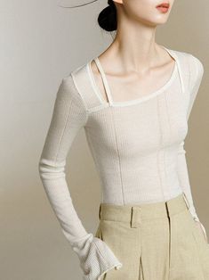 Knit Shirts For Women, Spring Knitwear, Arcana Archive, White Knit Top, Knit Bottom, Bottoming Shirt, Knit Shirt, White Top, Cute Shirts