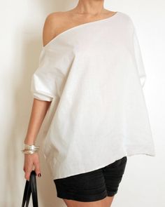 Asymmetrical Top - Off Shoulder Tunic - Plus Size Shirt - Oversize Top - White Maxi Shirt - XXL Clot White Cotton One Shoulder Top For Spring, Chic Off-shoulder Cotton Blouse, Oversized Off-shoulder Cotton Top, Oversized Off-shoulder Summer Tops, Oversized Off-shoulder Tops For Summer, Elegant Oversized Top For Day Out, White Cotton One-shoulder Top For Summer, Elegant Summer Top With Wide Neckline, White Cotton One Shoulder Top For Summer