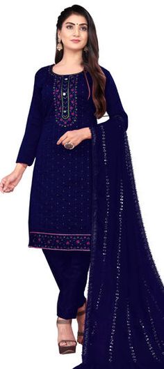 Blue color Salwar Kameez in Cotton fabric with Embroidered, Thread work Thread Work, Salwar Kameez, Party Wear, Cotton Fabric, Thread, Blue Color, Festival, Fabric, How To Wear