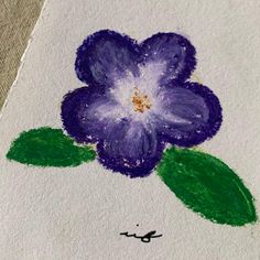 a drawing of a purple flower with green leaves